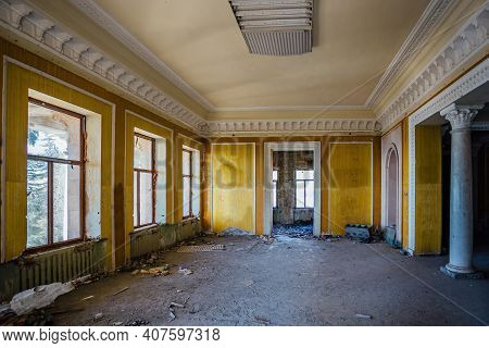Old Hall At Abandoned Building In Abkhazia, Georgia