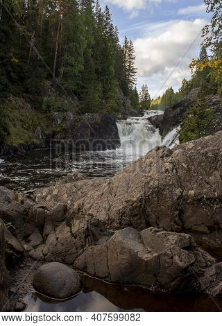 Kivach Waterfall In Karelia, Russia. The Nature Reserve Of The Russian North