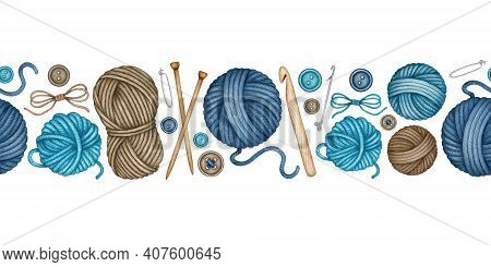 Watercolor Knitting And Crocheting Tools Seamless Pattern. Wooden Knitting Needles, Crochet Hook, Wo