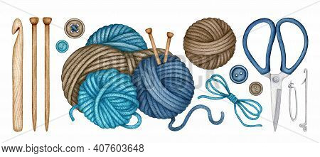Watercolor Knitting And Crocheting Tools Set. Wooden Knitting Needles, Crochet Hook, Wool Yarn Skein