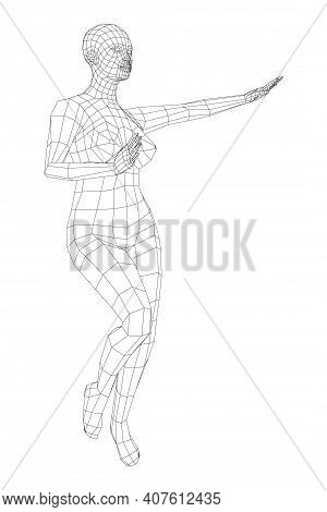 Wireframe Ballerina Or Dancer In Dance Pose. Female Dancing Salsa. Vector 3d Rendering