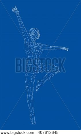 Wireframe Ballerina Or Dancer In Dance Pose. Vector 3d Rendering