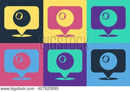 Pop Art Map Pointer With Billiard Pool Snooker Ball With Number 8 Icon Isolated On Color Background.