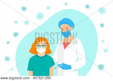 Female Doctor Or Nurse Gives Shot Of Vaccine To Shoulder Of Patient In Hospital. Doctor Using Syring