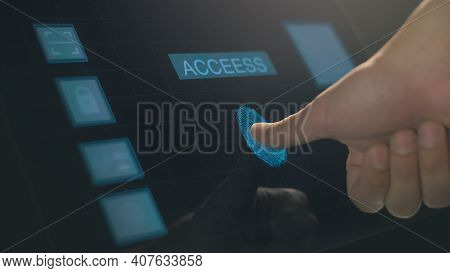 Close Up Human Finger Is Touching Interface Computer Monitor, Fingerprint Biometric Identity And App