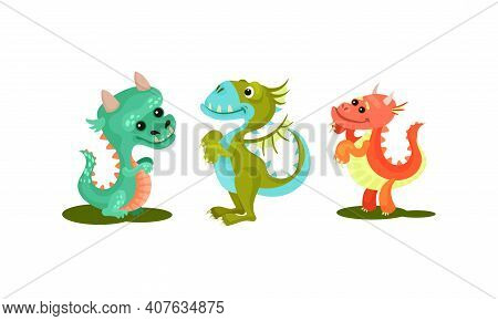 Little Baby Dragons As Fairy Winged Creatures Capable Of Breathing Fire Vector Set