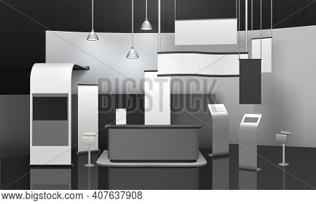 Advertising Exhibition Stand 3d Mockup With Counter, Displays, Horizontal And Vertical Blank Banners