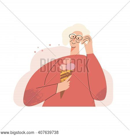 Happy Elderly Senior Adult. Aged Woman Is Enjoying The Moment. Silver Generation Female Character Ea