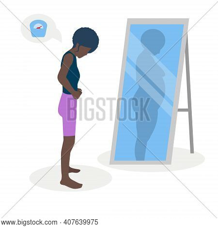 Flat Vector Illustration Of A Black Skinny Girl With Low Self-esteem Standing In Front Of A Mirror. 