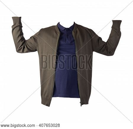 Dark Green Men's Knitten Bomber Jacket And Dark Blue  Shirt Isolated On White Background. Fashionabl
