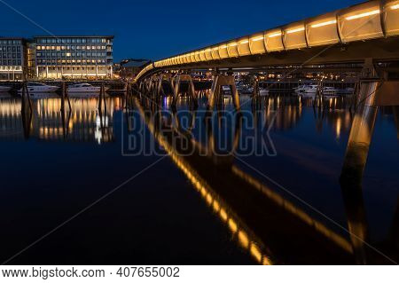 Pedestrian Bridge In Trondheim, Norway At Night