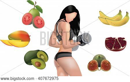 Woman Bodybuilder Surrounded By Fruit Woman Bodybuilder Surrounded By Fruit