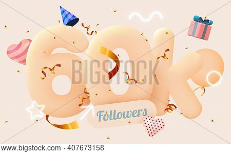 60k Or 60000 Followers Thank You Pink Heart, Golden Confetti And Neon Signs. Social Network Friends,