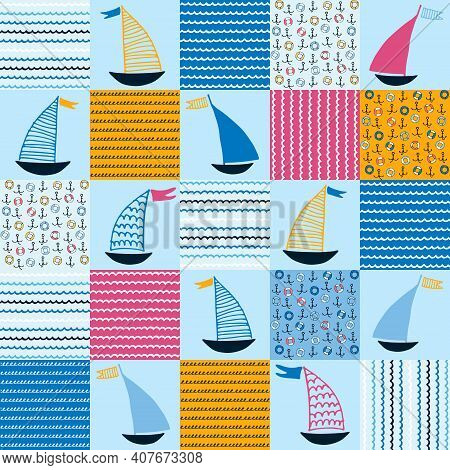 Seamless Pattern, Patchwork With Hand Drawn Sailing Boats, Anchors, Life Belts, Waves For Surface De