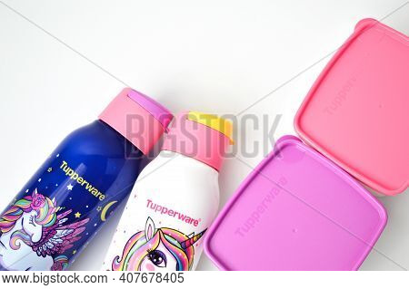 Klang,malaysia:february 11, 2021-unicorn School Bottles And Food Containers Over White Background. T
