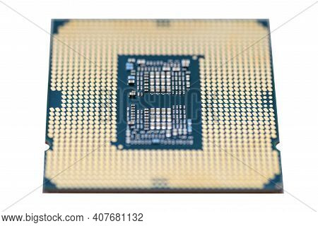 A Macro Photo Of A Modern Cpu Processor Under The Lga 1200 Socket On A Green Circuit Board, Isolated