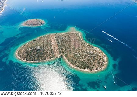 Aerial Drone Shot Of Heart-shaped Island Galesnjak In Dalamatia Croatia