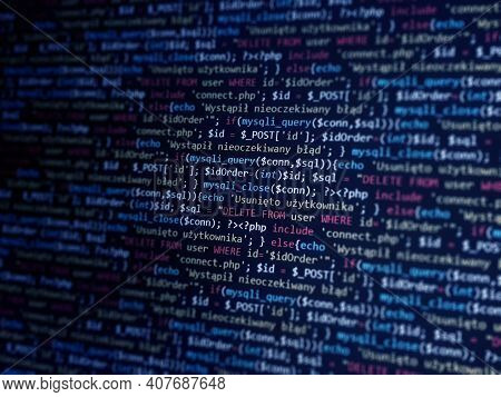 Software Development Monitor Screen Background. Developer Display With Source Code. Programming Conc