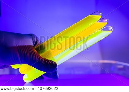 Fluorescein Glowing In Flask Under Ultraviolet Light. A Closeup Of Man Hand Holding Up A Vial  Fluor