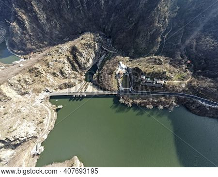 Aerial Panorama Of Dam Of Krichim Reservoir, Rhodopes Mountain, Plovdiv Region, Bulgaria