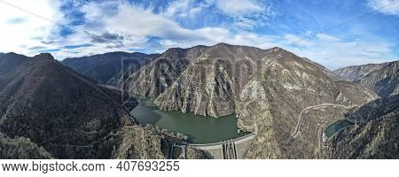 Aerial Panorama Of Dam Of Krichim Reservoir, Rhodopes Mountain, Plovdiv Region, Bulgaria