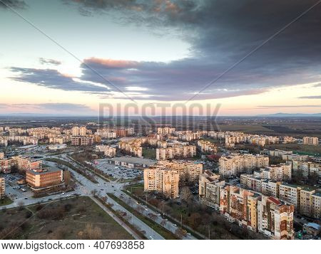 Plovdiv, Bulgaria - February 4, 2021: Aerial Sunset View Of Typical Residential Building From The Co