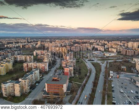 Plovdiv, Bulgaria - February 4, 2021: Aerial Sunset View Of Typical Residential Building From The Co