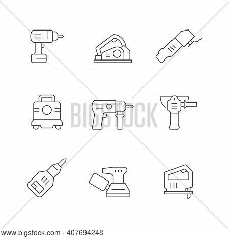 Set Line Icons Of Power Tool Isolated On White. Screwdriver, Sander, Vacuum Shop, Drill Or Perforato