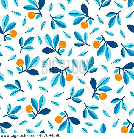 Orange Branches And Leaves On White Background Seamless Vector Pattern. Isolated Citrus Branches Non