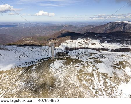 Buzludha, Bulgaria - January 24, 2021: Aerial View Of Abandoned Memorial House Of Bulgarian Communis