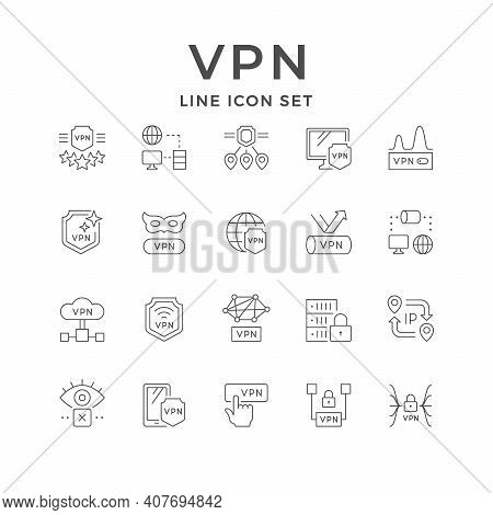 Set Line Outline Icons Of Vpn Isolated On White. Virtual Private Network, Internet Anonymity, Change