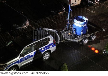 Lubartow, Poland - 11 February 2020: Transport Barrel Of Police Bomb Disposal Unit During Action Of 