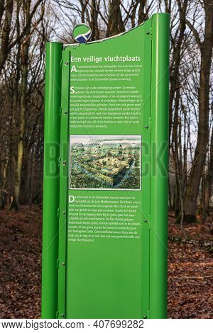 Schinveld, South Limburg, Netherlands. January 1, 2021. Informational Sign: A Safe Hideaway, Old Def