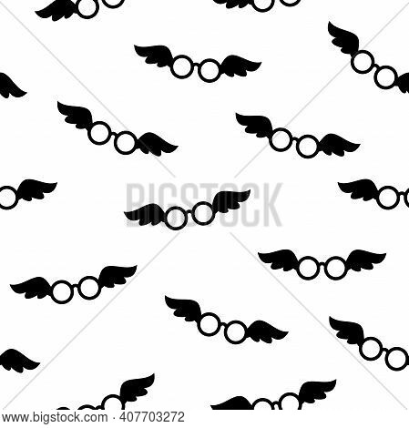 Seamless Pattern With Black Hipster Glasses With Wings. Creative Glasses Texture. Vector Illustratio