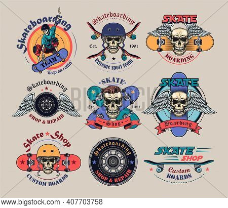 Vintage Extreme Skateboarding Flat Labels Set. Colored Skateboard Tattoo With Skull, Skeleton, Tire 