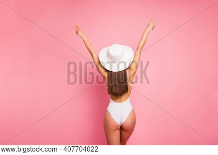 Rear Back Behind View Of Her She Nice-looking Attractive Well-groomed Sportive Slim Fit Thin Straigh