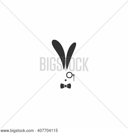 Black Rabbit Avatar With Lorgnette Glasses And Gentleman Bow Tie Isolated On White. Graphic Rabbit. 