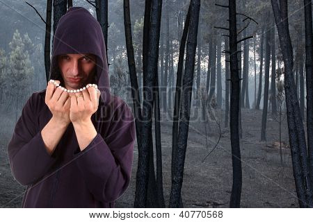 Black monk in the forest burn