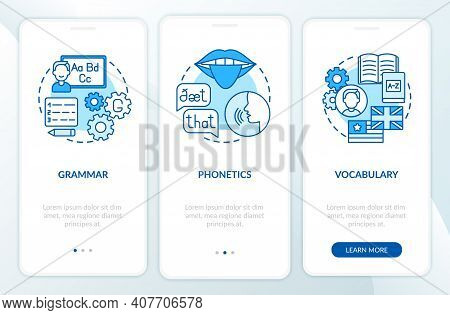 Language Learning Categories Onboarding Mobile App Page Screen With Concepts. Linguistics, Phonetics