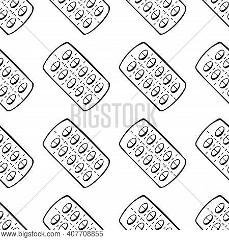 Seamless Pattern Made From Hand Drawn Pills Blister Illustration. Isolated On White Background.