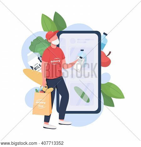 Food Delivery Man Flat Concept Vector Illustration. Courier With Full Bags Fool Of Food 2d Cartoon C