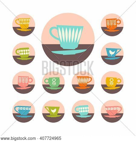 Icon Set Of Retro Mid Century Teacups. Design Elements For Social Media, Web Pages, Mobile Apps. Vec