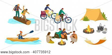 People In Hike Or Camping. Crossing The River By Log, Couple In Bike Camping, Woman Kayaking, Group 