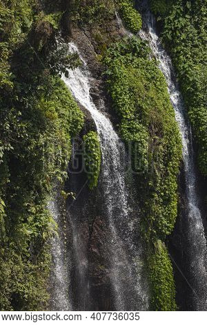 Close-up View Of The Fresh, Noisy And Intense Water In Tumpak Sewu Waterfall, In East Java, Indonesi