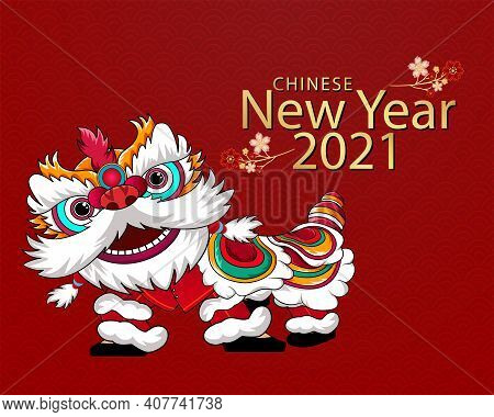 Vintage Chinese New Year Poster Design With Chinese Lion Dance.