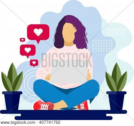 Working At Home Vector Flat Style Illustration. Online Career. Coworking Space Illustration. Young W