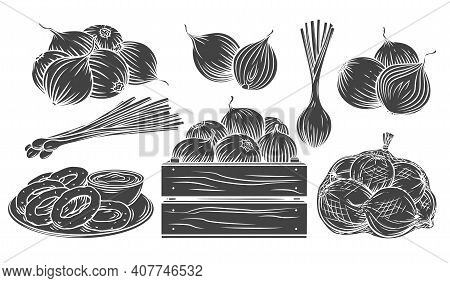 Onion Glyph Monochrome Icon Set. Isolated Pile Of Onion Bulbs, Packed In Net Bag, In Wooden Crate, B