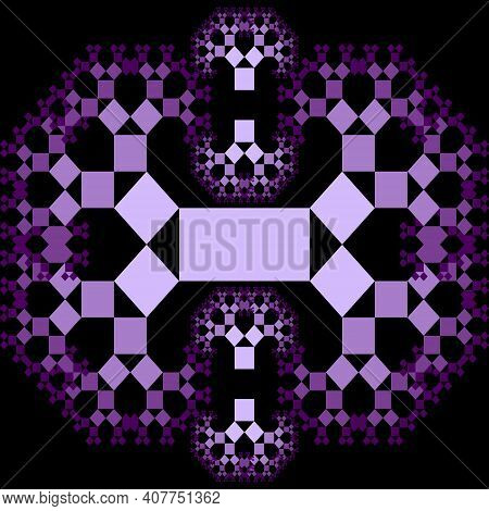 Fractal Pythagoras Tree Patterns, Purple Ornament Composed Of Small Decreasing Squares On Black Back