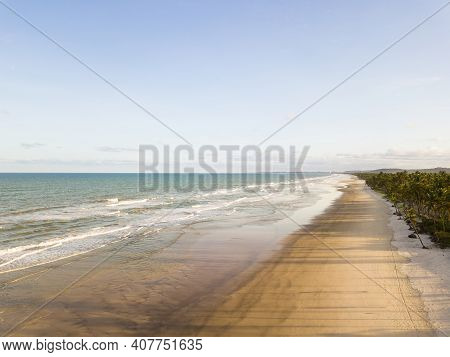 Drone Aerial View Of Deserted Tropical Beach In Ilheus Bahia Brazil.
