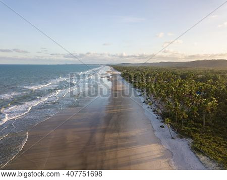 Drone Aerial View Of Deserted Tropical Beach In Ilheus Bahia Brazil.